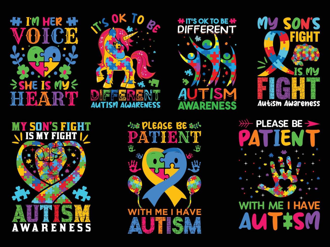 set of Autism special designs for t-shirts, posters, crafts etc. all designs are colorful and created using ribbon, puzzles, love, etc vector