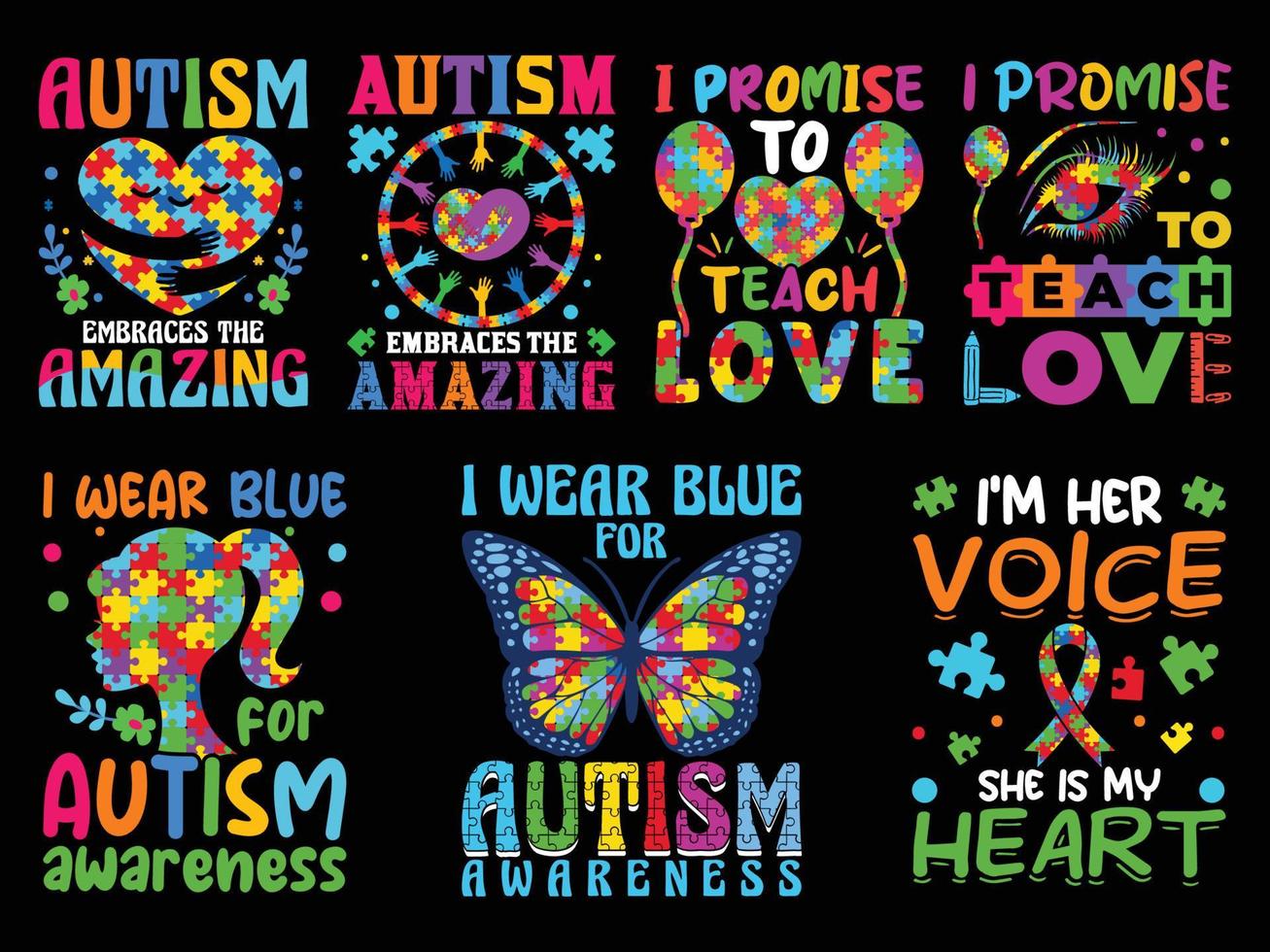 set of Autism special designs for t-shirts, posters, crafts etc. all designs are colorful and created using ribbon, puzzles, love, etc vector