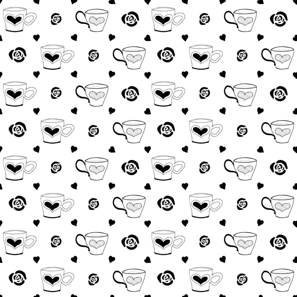 patrón transparente de taza de té vintage dibujado a mano decorado con corazones, rosas. Doodle tazas de café de patrones sin fisuras. negro sobre fondo blanco. vector