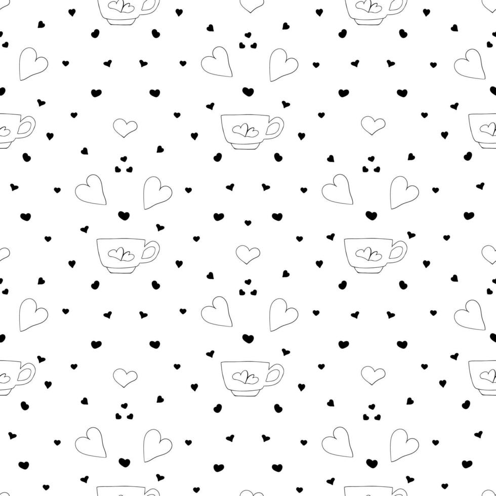Hand drawn vintage tea cup seamless pattern decorated with hearts. Doodle Coffee Mugs seamless pattern. Black on white background. vector