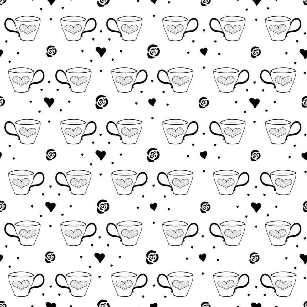 patrón transparente de taza de té vintage dibujado a mano decorado con corazones, rosas. Doodle tazas de café de patrones sin fisuras. negro sobre fondo blanco. vector