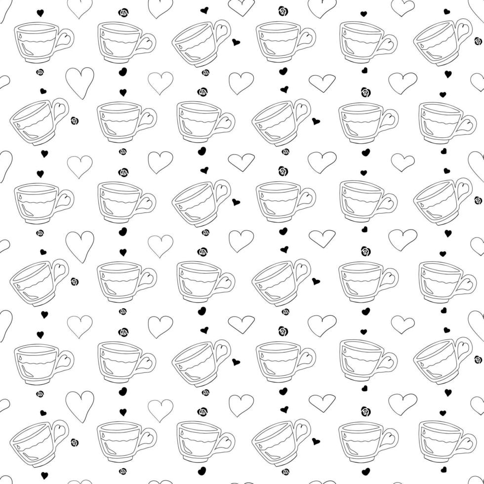 Hand drawn vintage tea cup seamless pattern decorated with hearts, roses. Doodle Coffee Mugs seamless pattern. Black on white background. vector