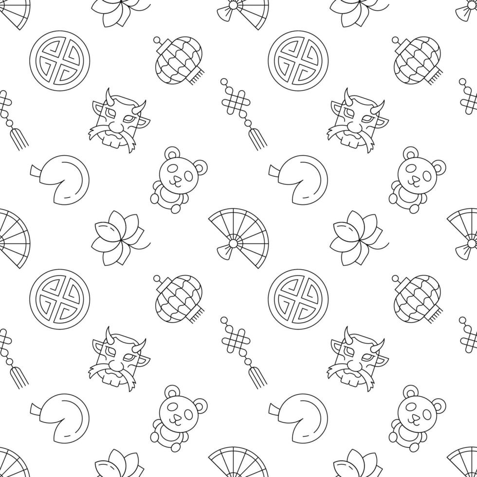 Seamless repeating pattern of panda, lotus, lantern for web sites, wrapping, printing, postcards, web sites, apps vector