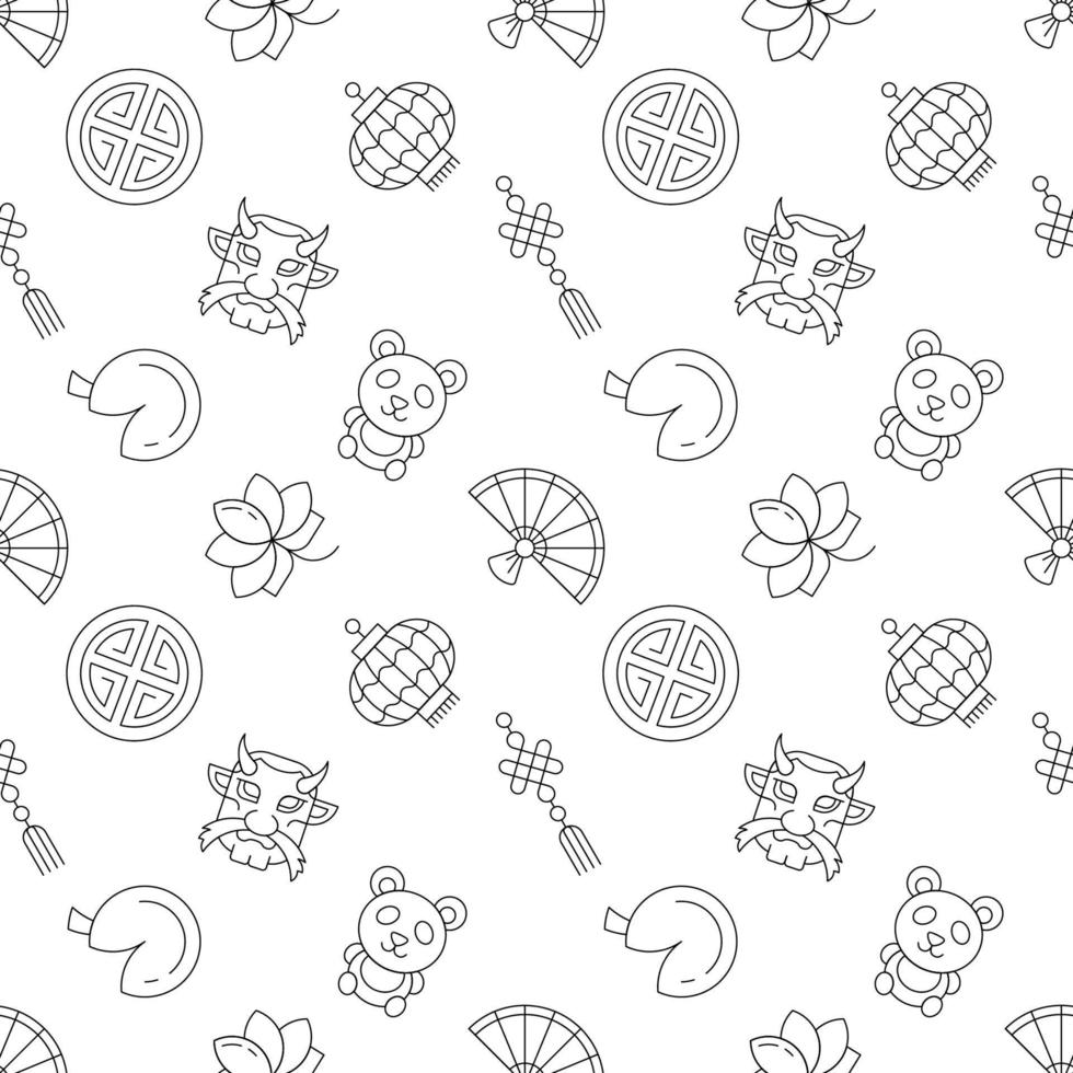 Seamless repeating pattern of panda, lotus, lantern for web sites, wrapping, printing, postcards, web sites, apps vector