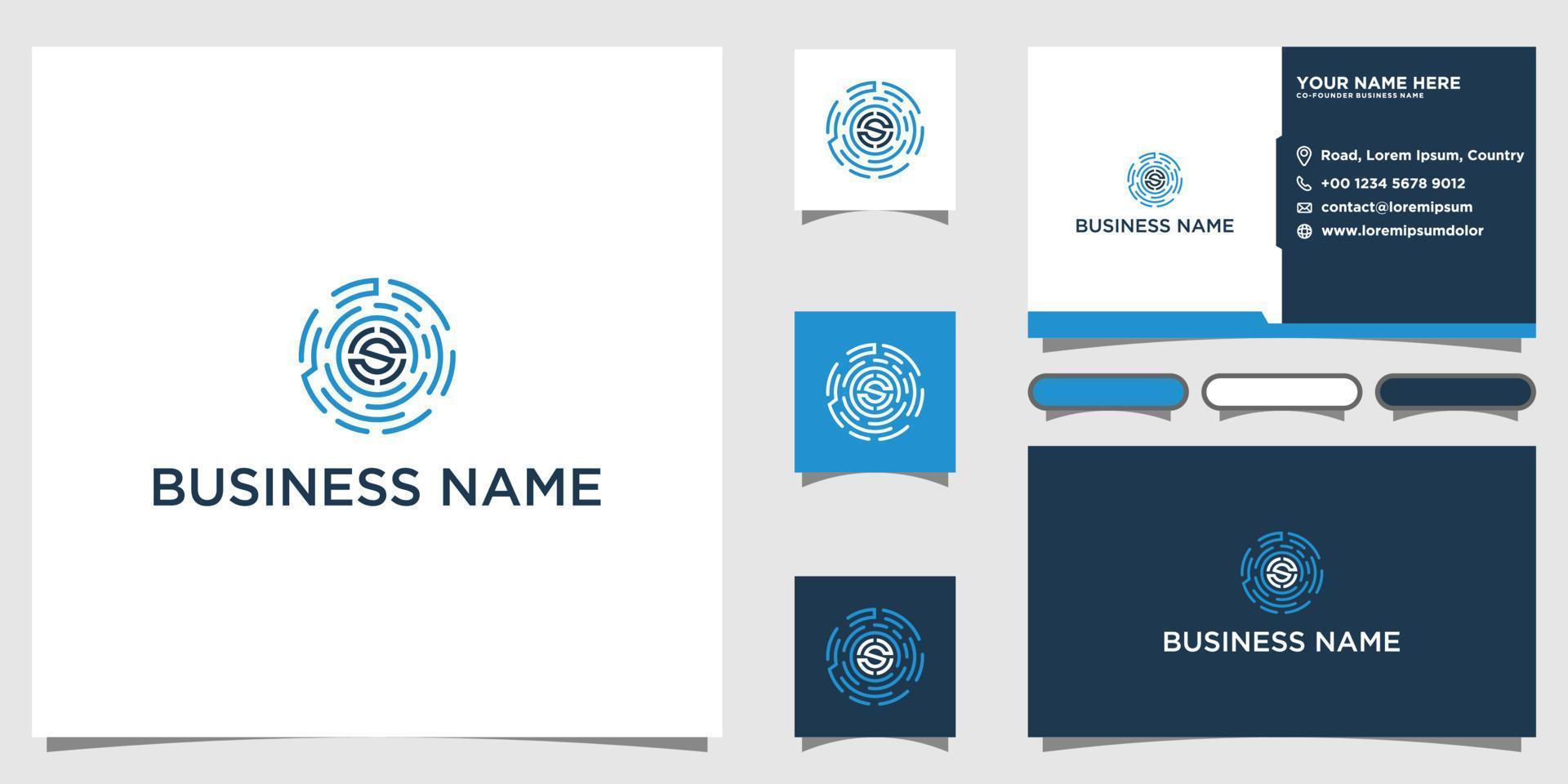simple circular line letter e logo with business card vector