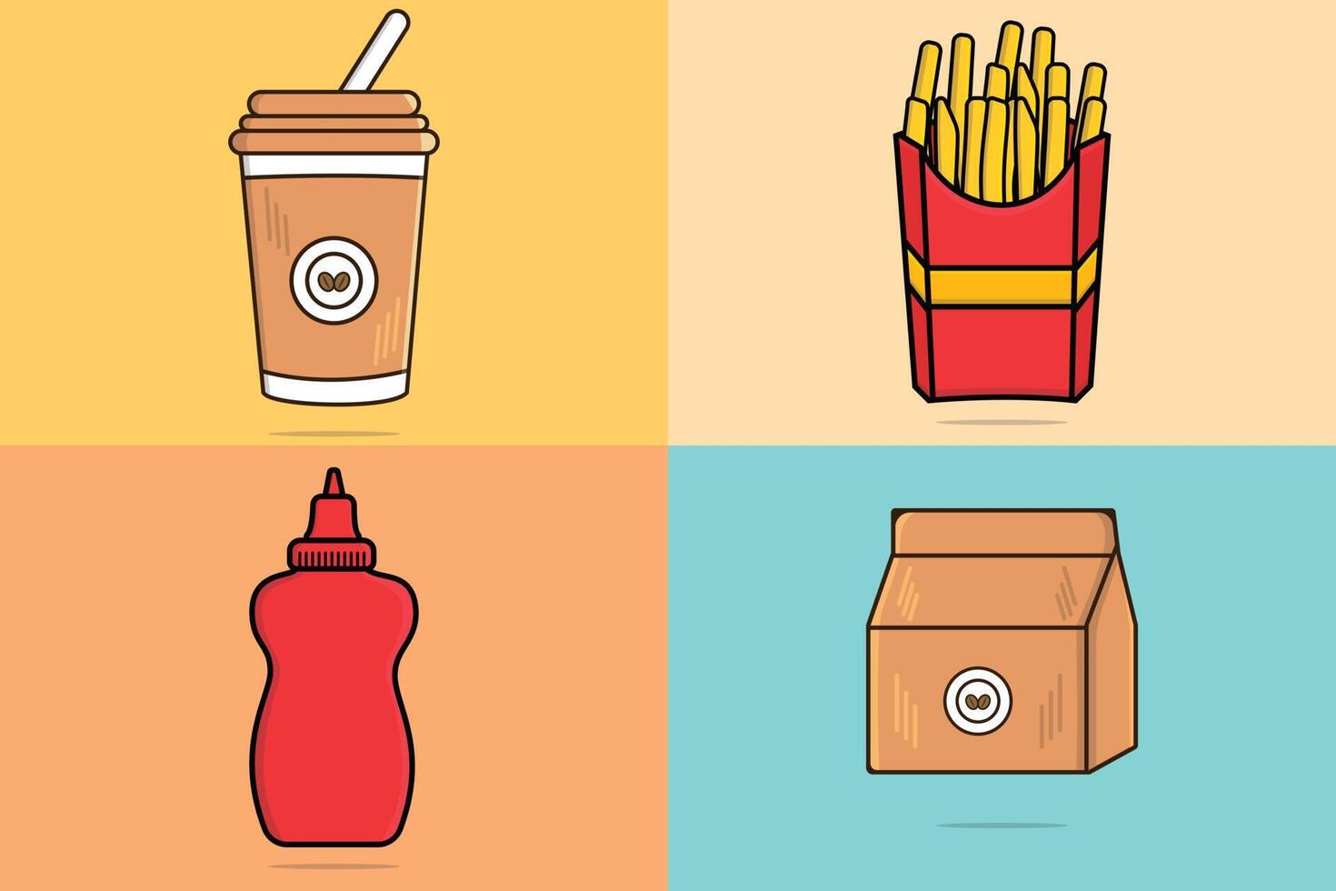 Set of Restaurant Fast Food and Drink symbols vector illustration. Food and drink objects icon concept. Delivery coffee paper bag, hot coffee cup, French Fries in Box and Tomato Sauce Bottle design.