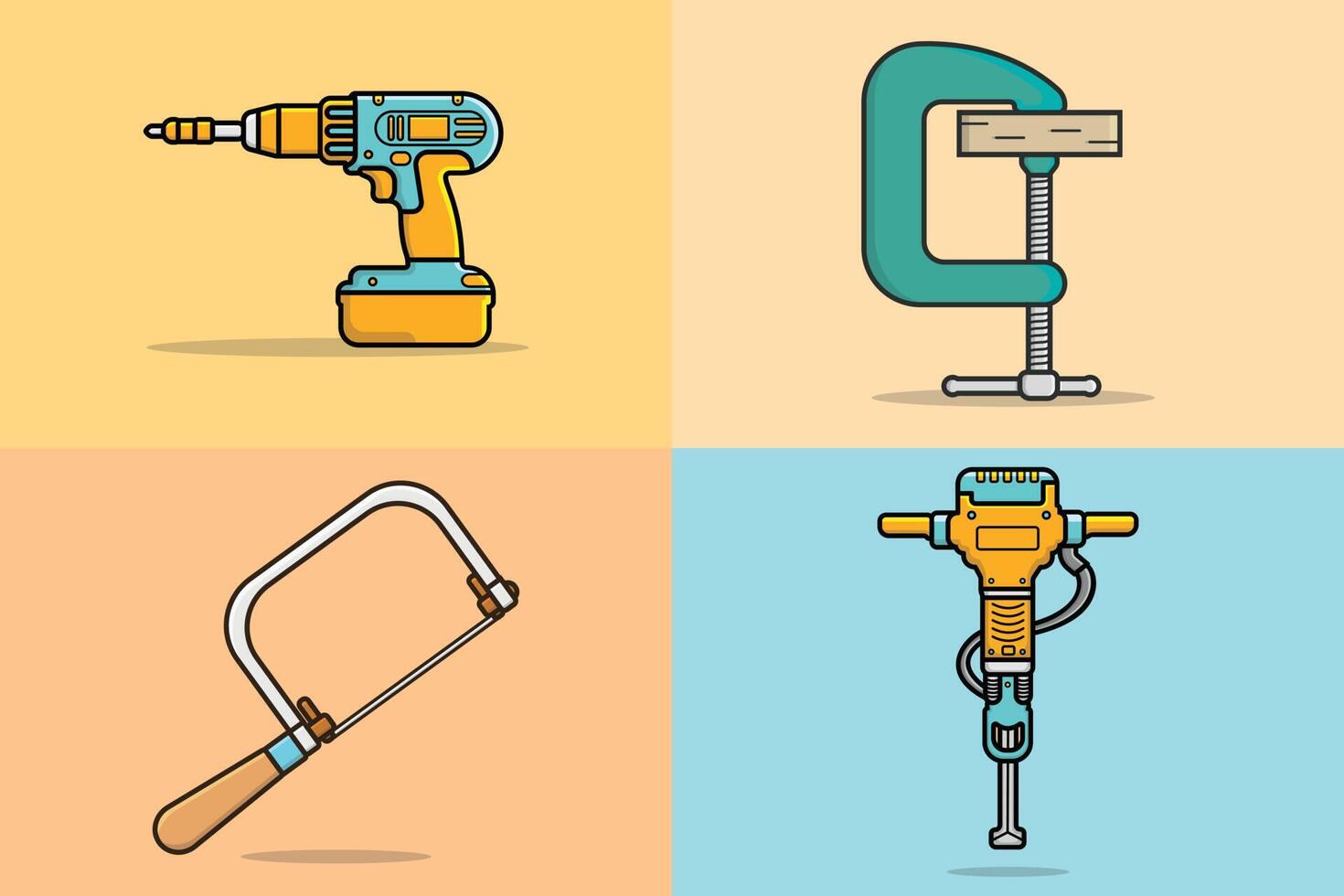 Collection of Construction and Carpenter working tools vector illustration. Drill, Electric Jackhammer, Clamp Compression, Coping Saw working elements logo design. Hand tools for repair, building.