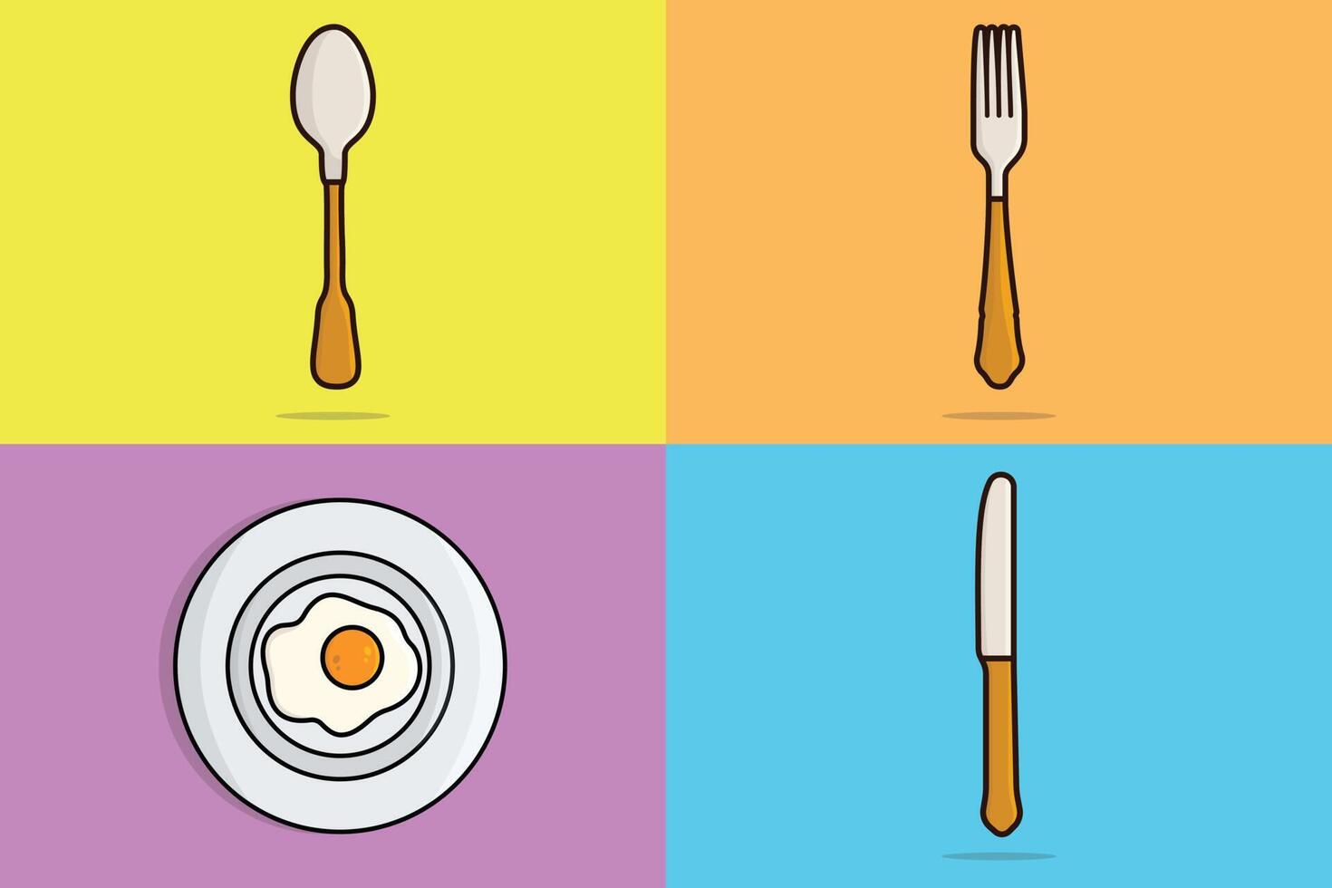 conjunto de ilustración de vector de herramientas de cocina de restaurante. concepto de icono de equipamiento interior de hogar y restaurante. colección de cuchara, cuchillo, tenedor y huevo en la ilustración de vector de placa. logo de comida de desayuno.