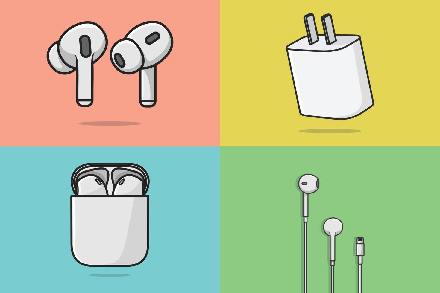 Wireless Headphones, headphone box, Wire Earphones Charge Connector and Charger vector illustration. Set of Smart Phone listening and Connecting technology objects icons concept vector.