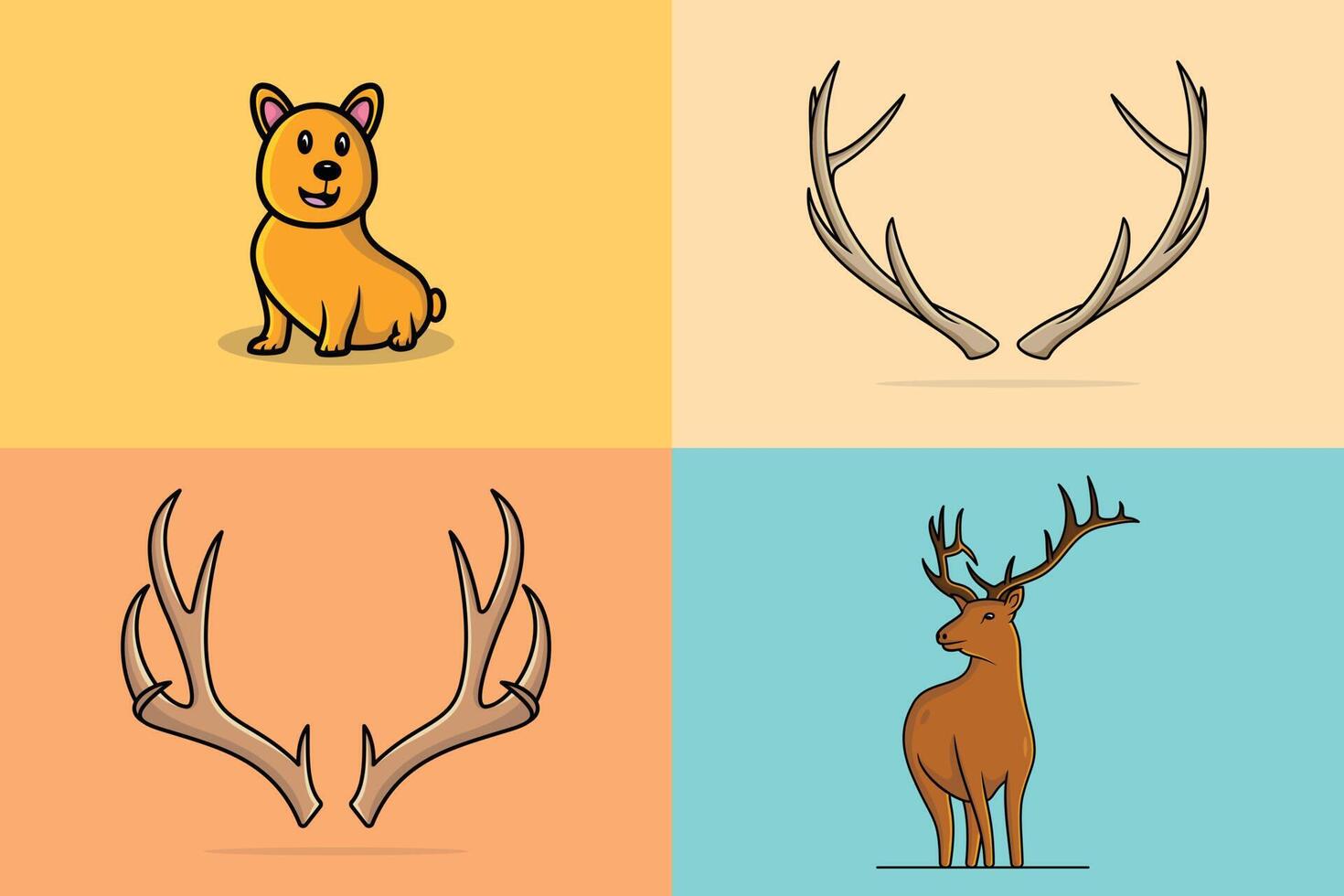 diseño vectorial de símbolos de colección de animales. concepto de diseño de icono de objeto animal. Cuerno de asta de ciervo, hermoso ciervo y diseño de vectores de iconos de perros. naturaleza animal, animales salvajes, asta de cabeza, ciervo cazado.