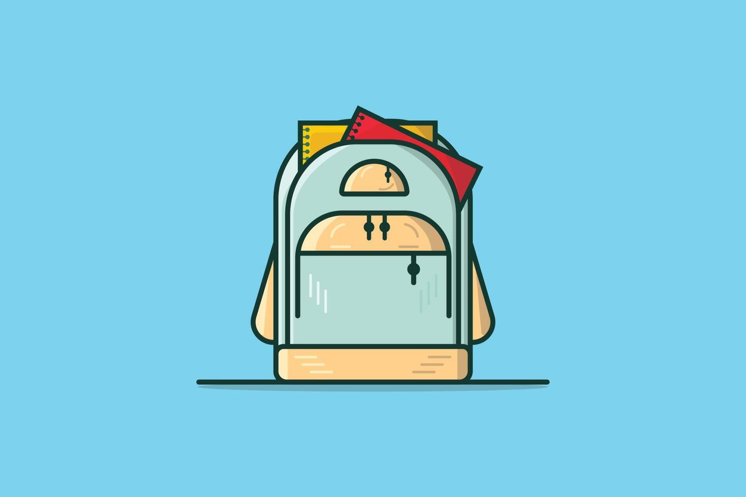 Open Bag Backpack with Books vector illustration. Education and Travel object icon concept. School bag backpack, Back to school and education concept vector design with shadow on blue background.