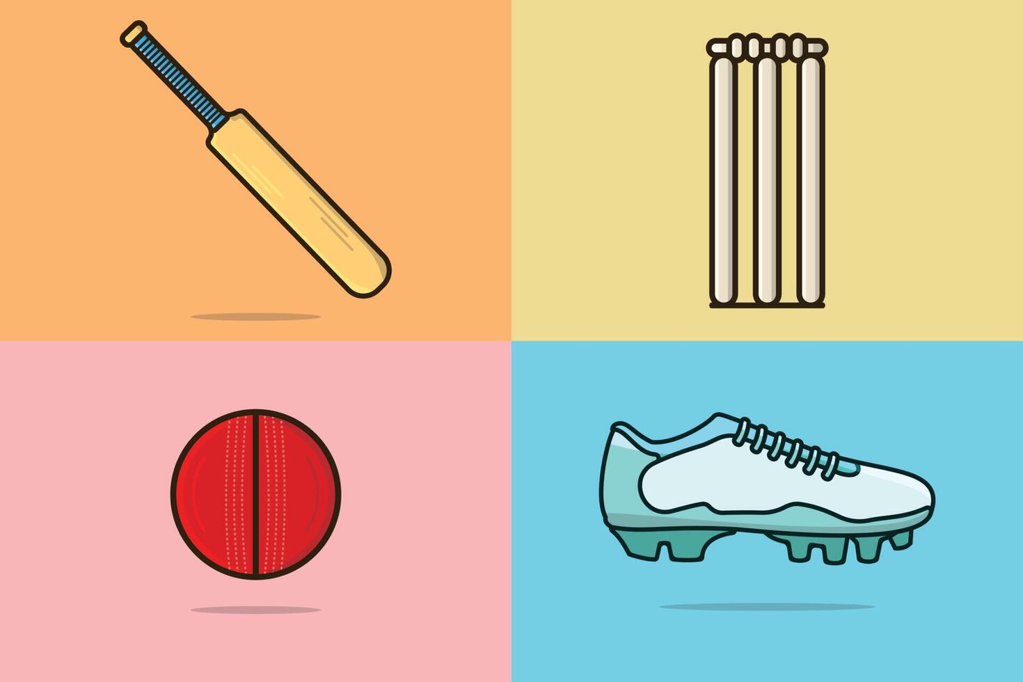 Set of Cricket sports game elements vector illustration. Sports objects icon concept. Wicket, Cricket Ball, Shoe, and Cricket Bat collection vector design. Colorful sport equipment icon illustration.