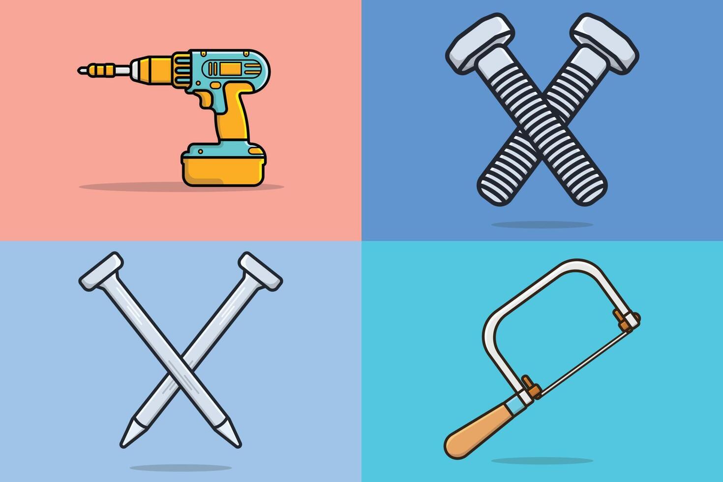 Collection of Construction and Carpenter working tools vector illustration. Drill, Electric Jackhammer, Clamp Compression, Coping Saw working elements logo design. Hand tools for repair, building.
