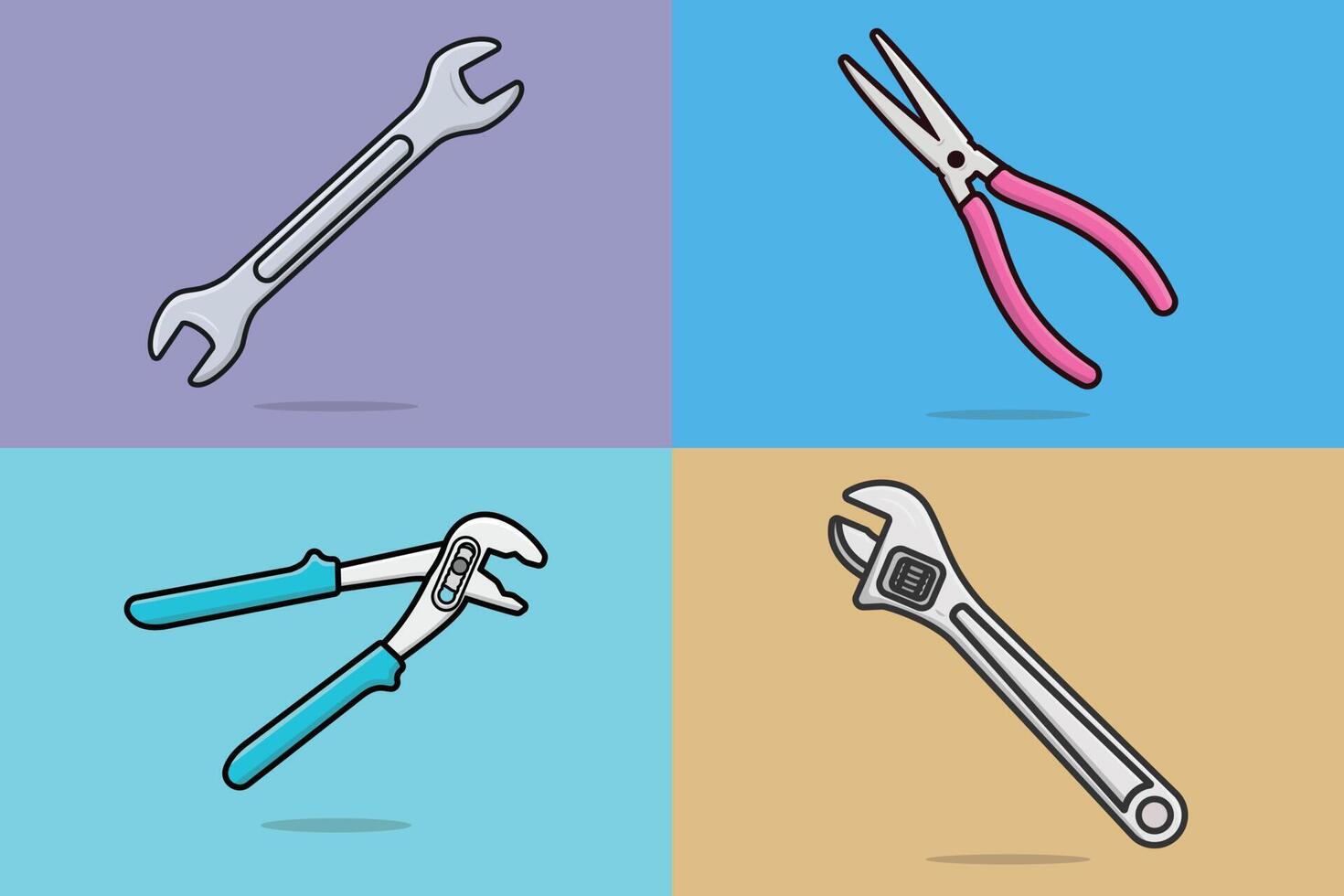 Cutting Pliers, Adjustable Water Pump Pliers, Wrench and Adjustable Wrench Working tools vector illustration. Collection of Construction and Mechanic working elements, car repairing service icons.