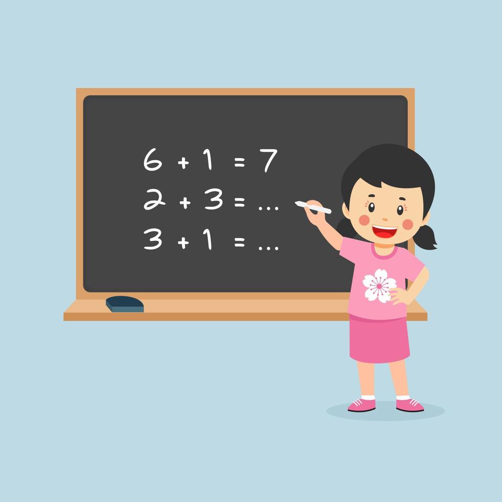 Little Girl Solving Math Problem Blackboard vector