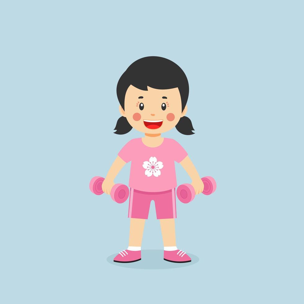 Little Girl Workout With Lift Dumbbell vector