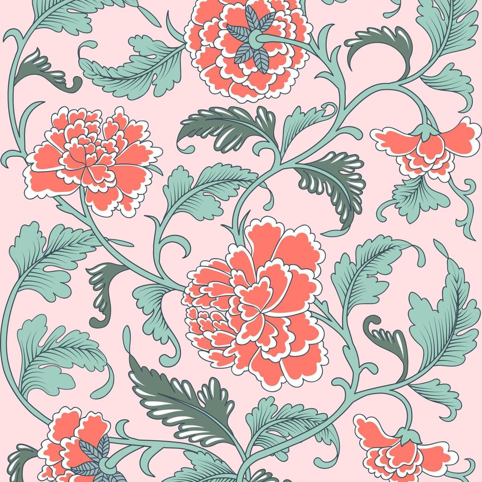 Ornamental beautiful coral color antique floral pattern with peonies. vector