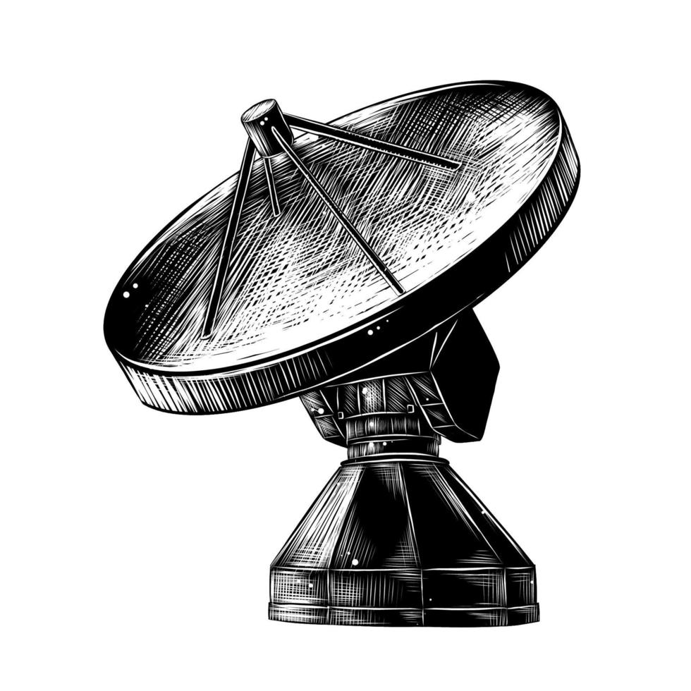 Vector engraved style illustration for posters, decoration and print. Hand drawn sketch of satellite antenna in monochrome isolated on white background. Detailed vintage woodcut style drawing.