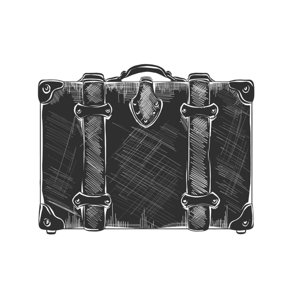 Vector engraved style illustration for posters, decoration and print. Hand drawn sketch of travel suitcase in monochrome isolated on white background. Detailed vintage woodcut style drawing.