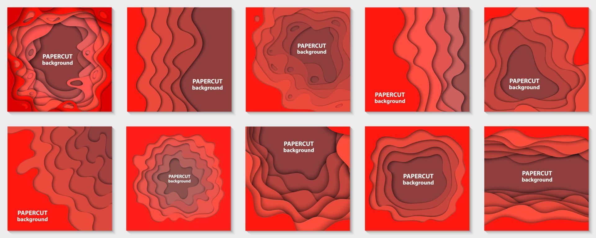 Vector collection of 10 backgrounds with red gradient paper cut shapes. 3D abstract paper art style, design layout for business presentations, flyers, posters, prints, decoration, cards, brochure
