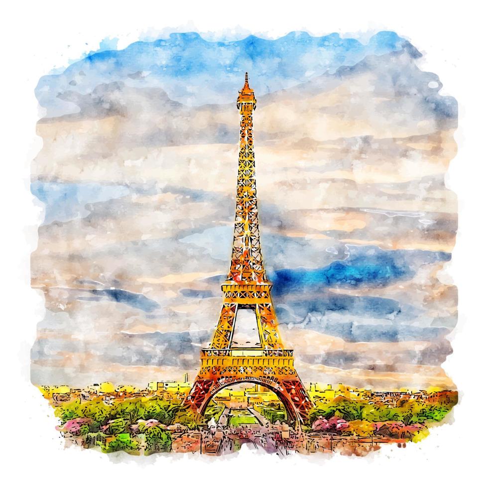 Eiffel Tower Paris France Watercolor sketch hand drawn illustration vector