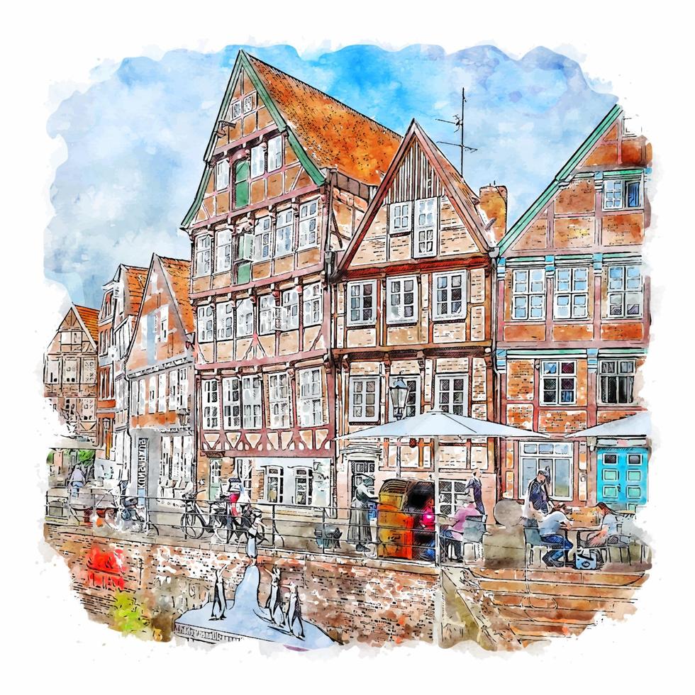 Stadthafen Stade Germany Watercolor sketch hand drawn illustration vector