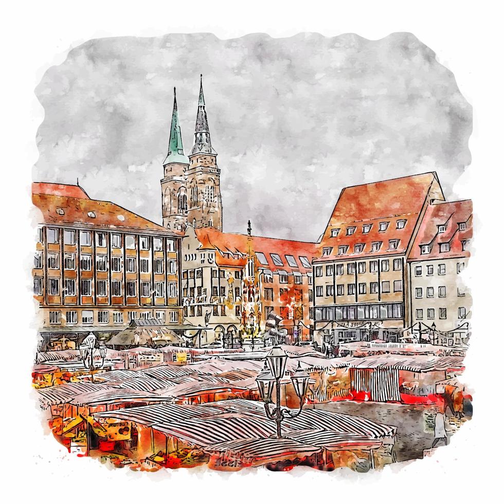 Nurnberg Hauptmarkt Germany Watercolor sketch hand drawn illustration vector