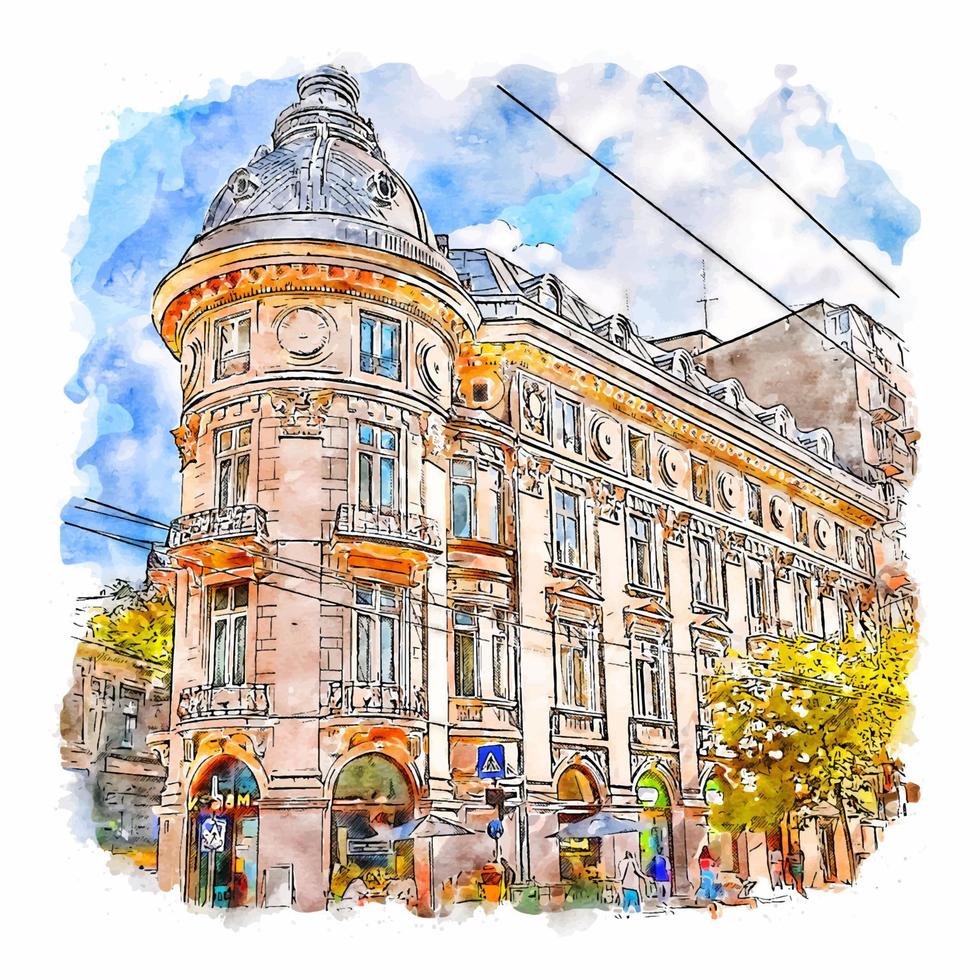 Bucharest Romania Watercolor sketch hand drawn illustration vector