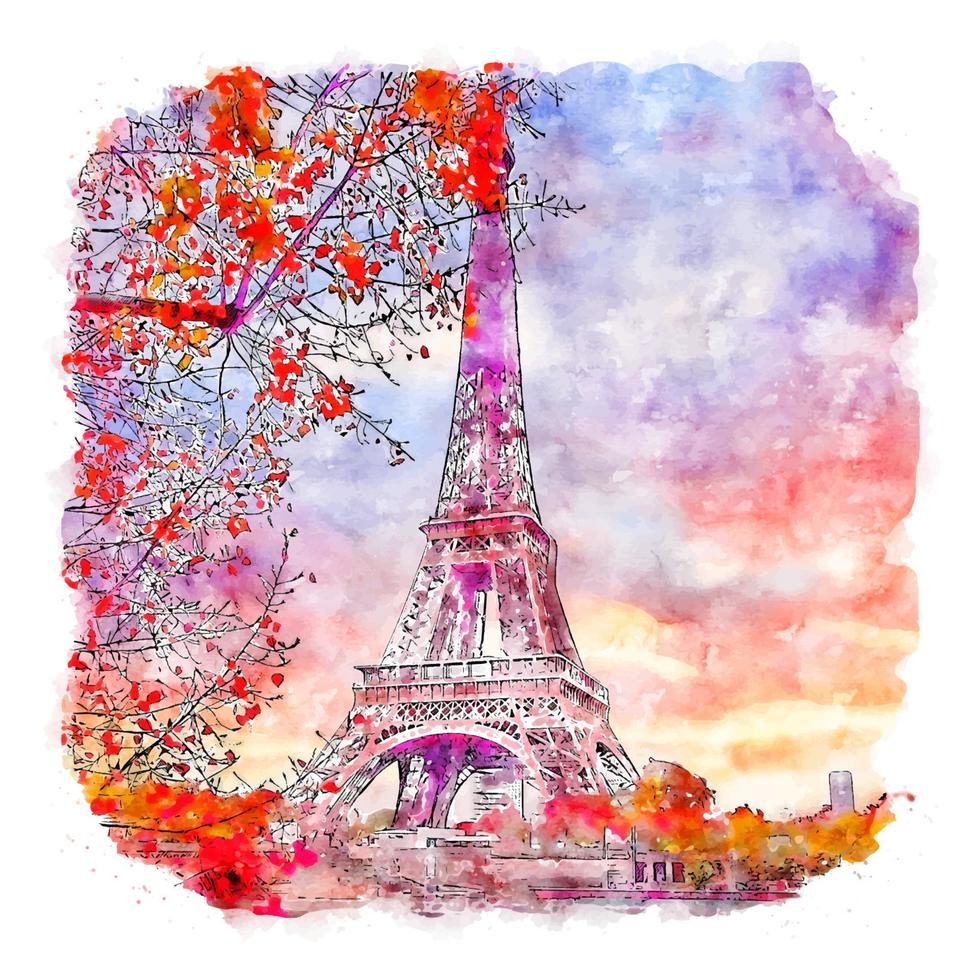 Eiffel Tower Paris France Watercolor sketch hand drawn illustration vector