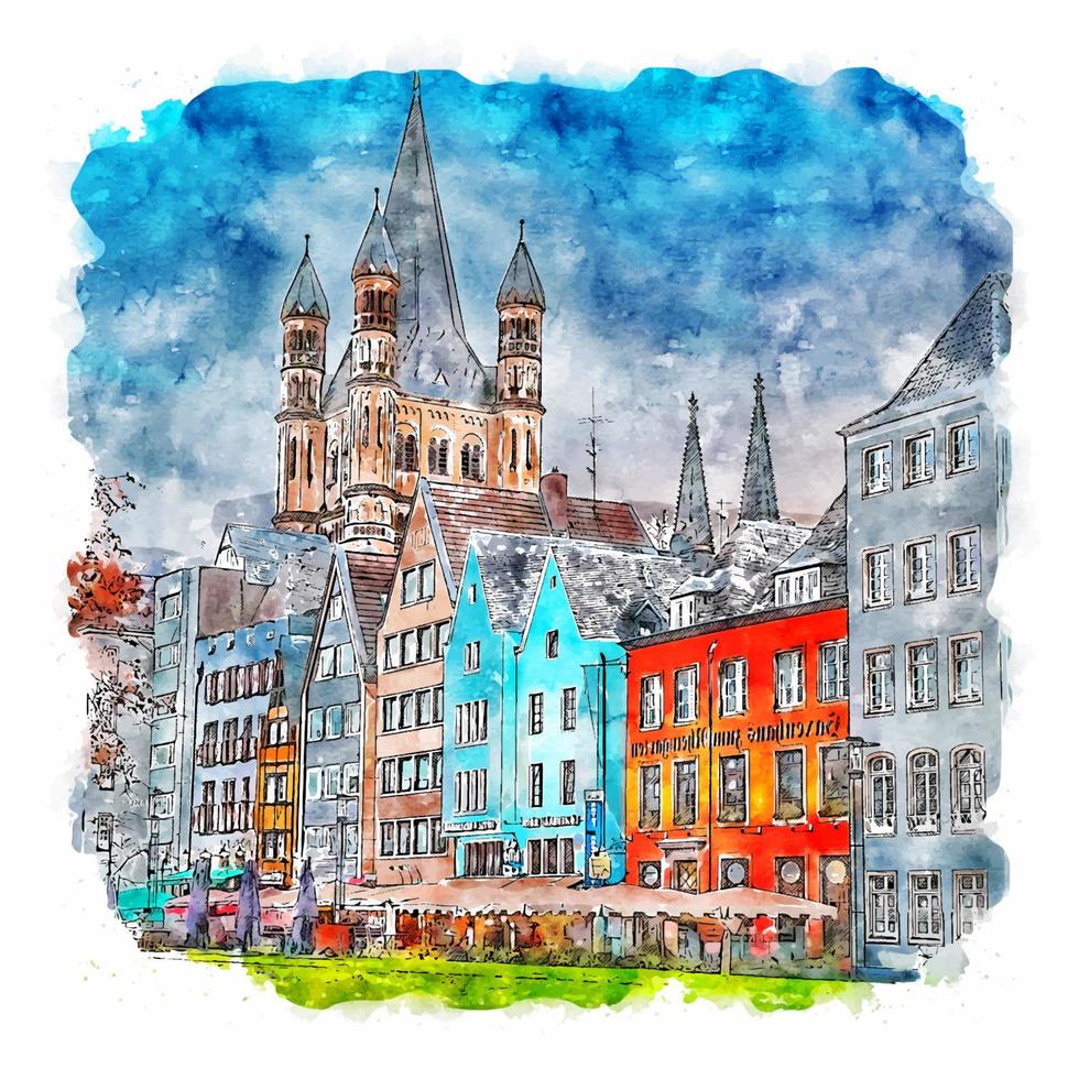 Altstadt Koln Germany Watercolor sketch hand drawn illustration vector