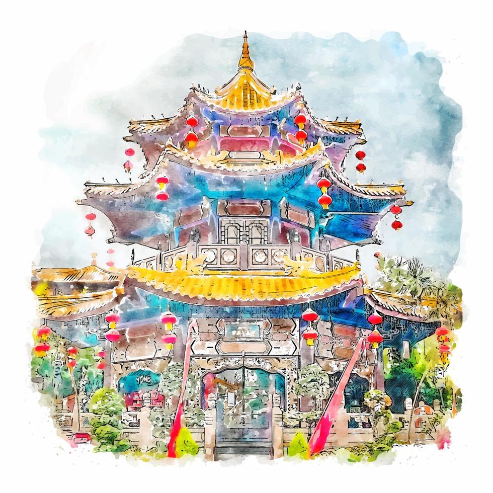 Architecture China Watercolor sketch hand drawn illustration vector