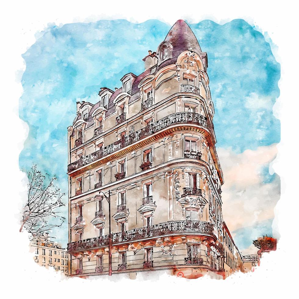 Architecture Paris France Watercolor sketch hand drawn illustration vector