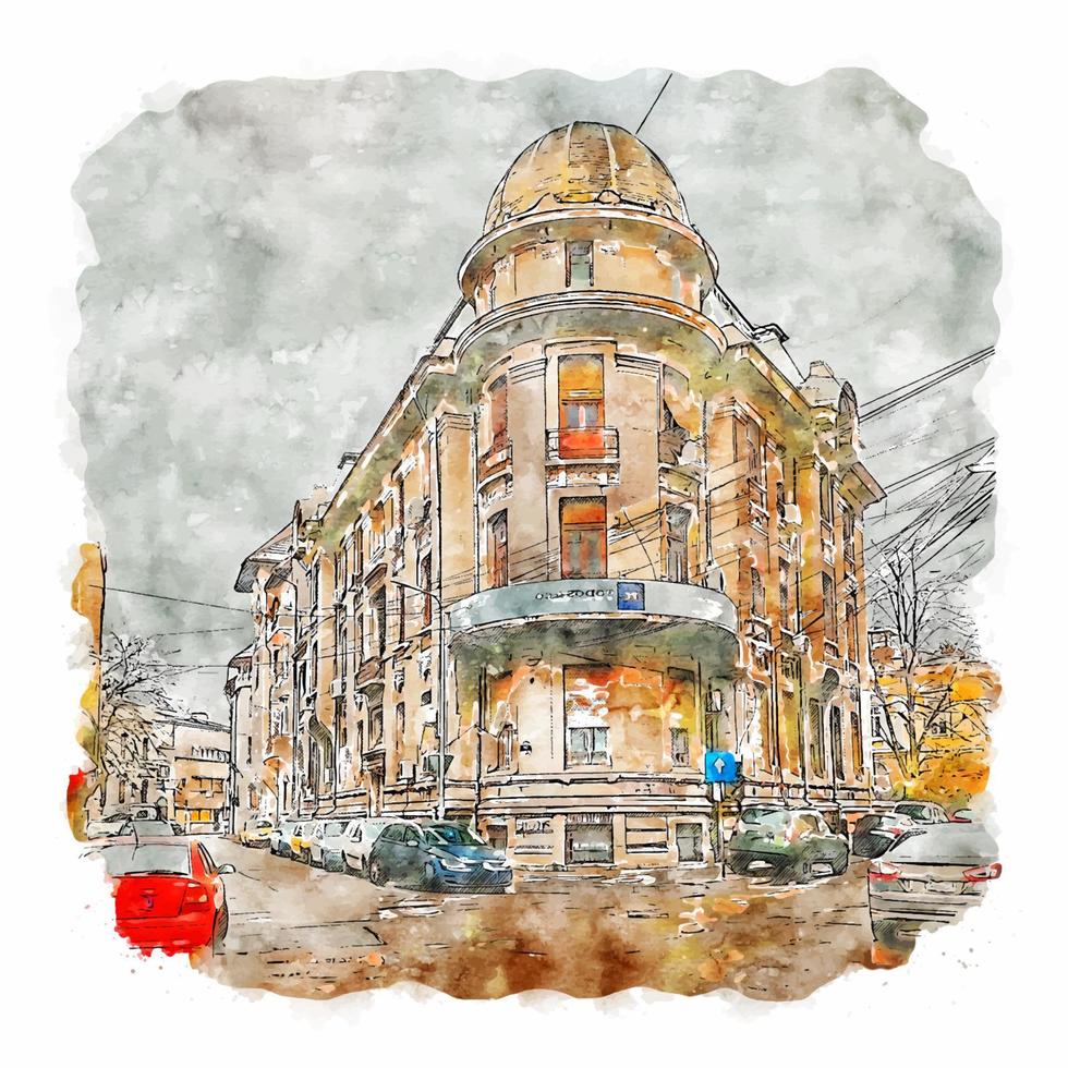 Bucharest Romania Watercolor sketch hand drawn illustration vector