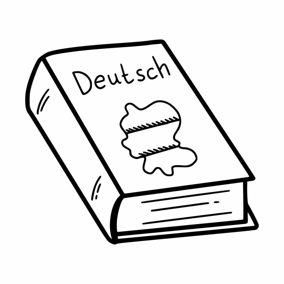 Textbook of German language. Self-instruction. Book. Vector doodle illustration. A sketch.