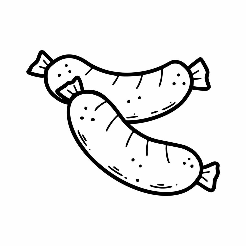 Two sausages on a white background. Delicious wiener. Vector doodle