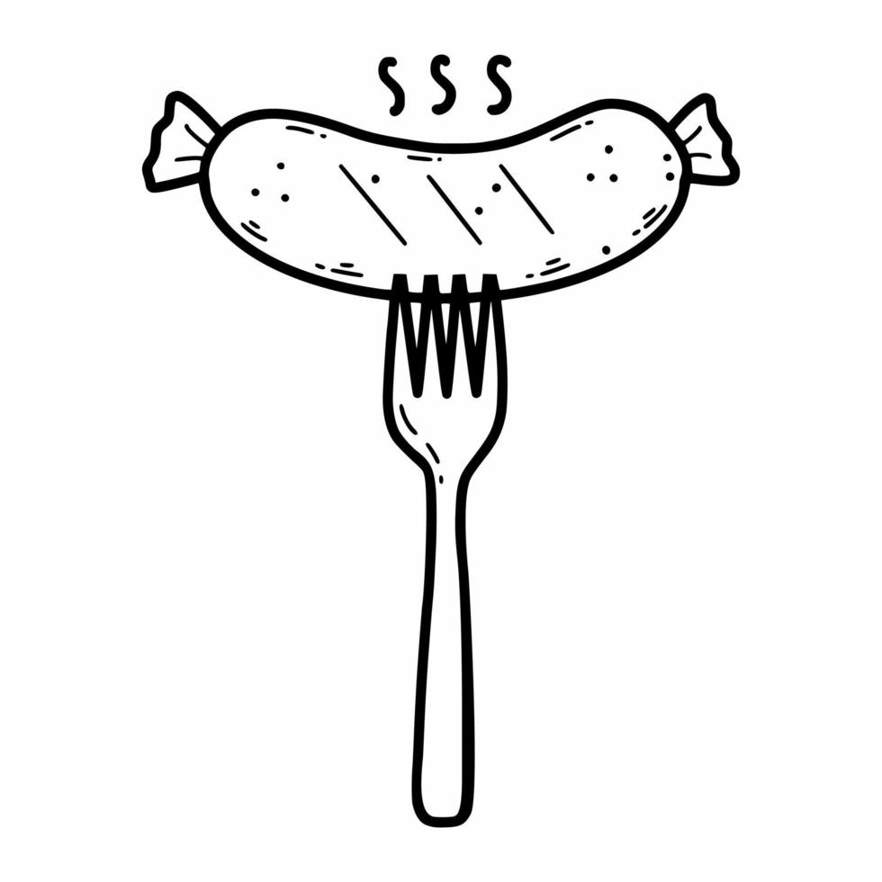 Fried sausage on  fork. Appetizer for beer. Oktoberfest icon. Vector doodle sketch.