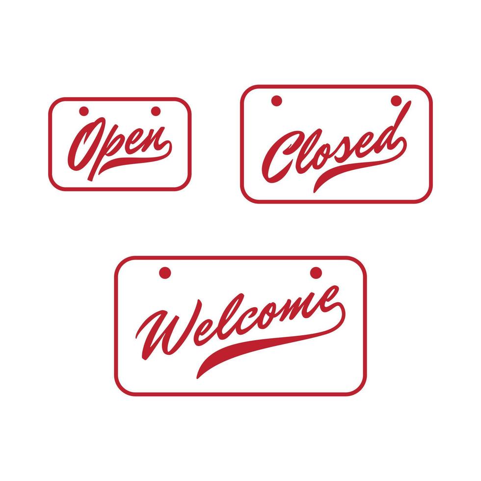 Lettering Open Closed and Welcome door sign vector