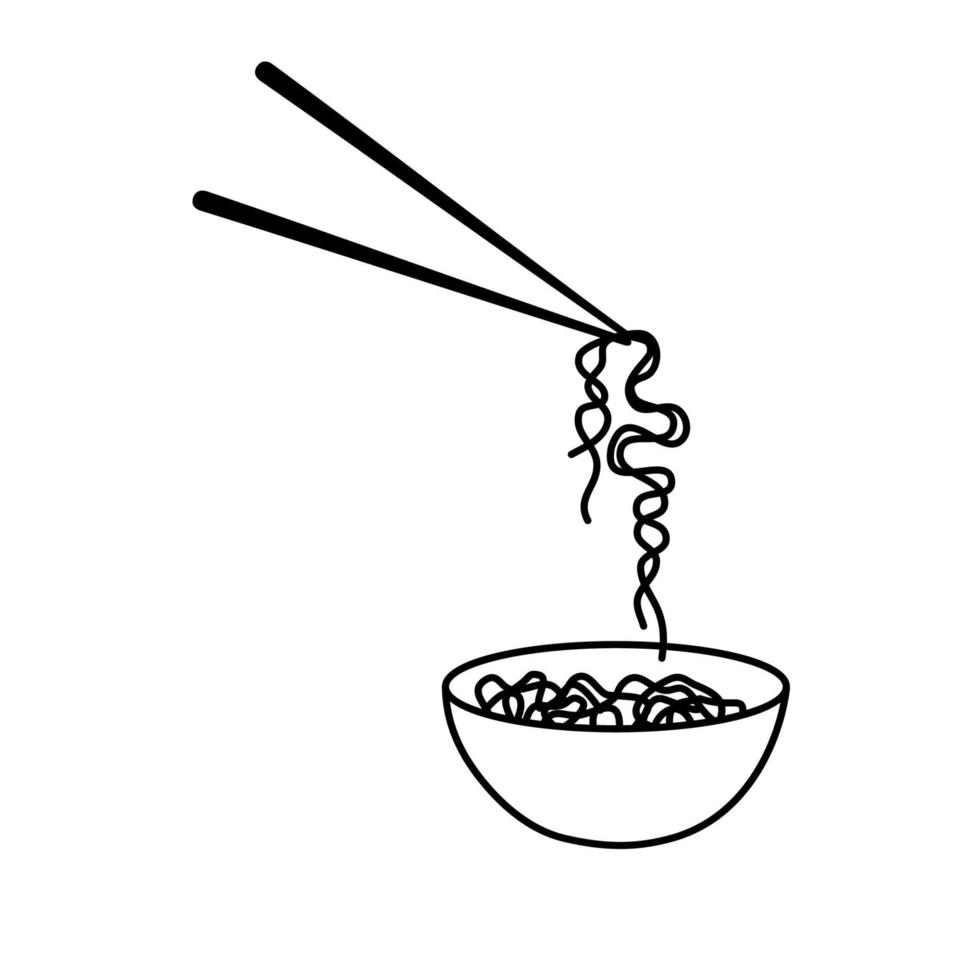 Traditional japanese noodles and chopsticks icon. Simple doodle illustration. Asian food sketch isolated on white vector