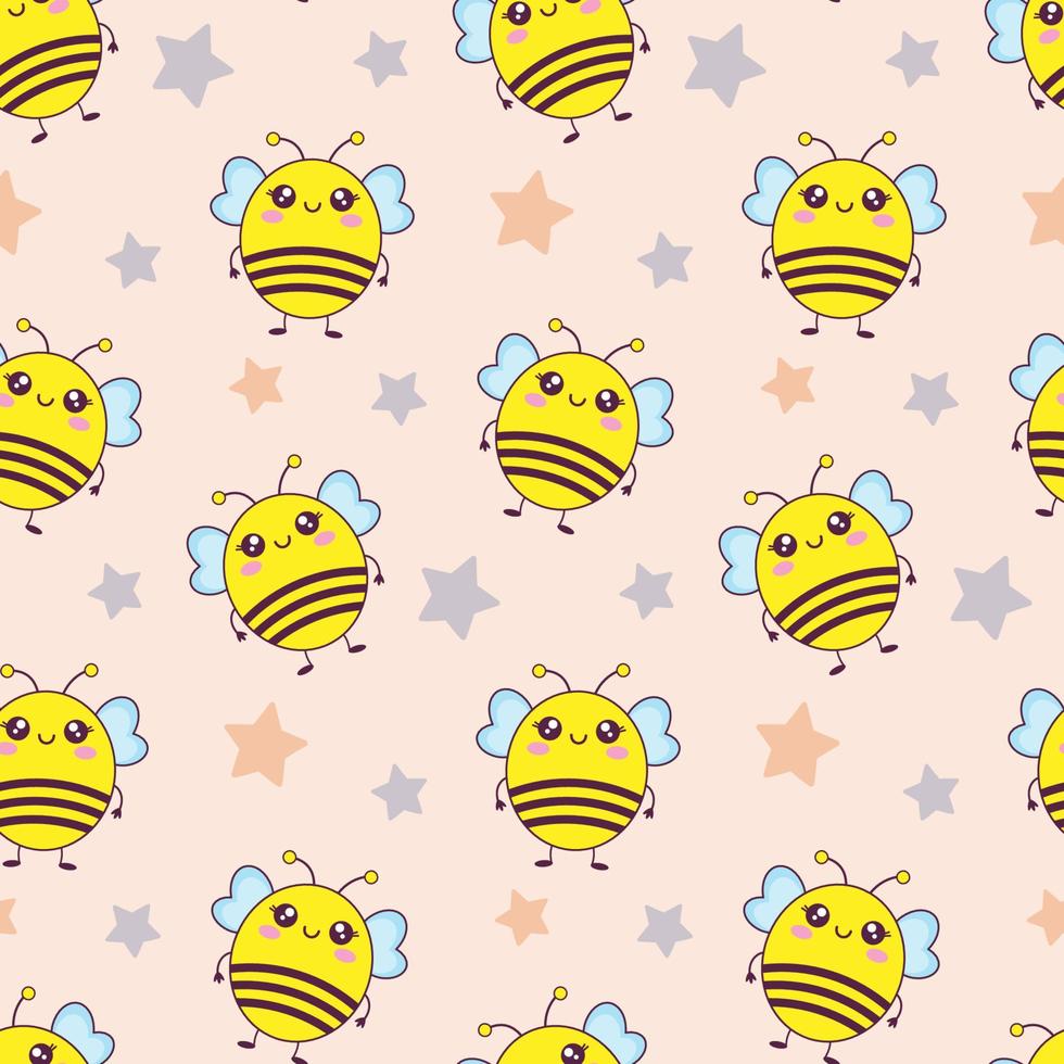 patrón infantil con linda abeja kawaii y estrellas, estampado para niños. dibujos animados de fondo transparente, linda textura vectorial para ropa de cama para niños, tela, papel pintado, papel para envolver, textil, estampado de camisetas vector