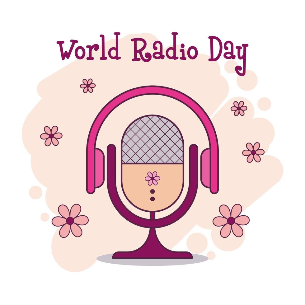 tarjeta de felicitación del día mundial de la radio, afiche del día de la música, colorido fondo de podcast retro. micrófono, auriculares y flores en colores rosa, violeta y beige. equipo de audio para transmisiones y entrevistas vector