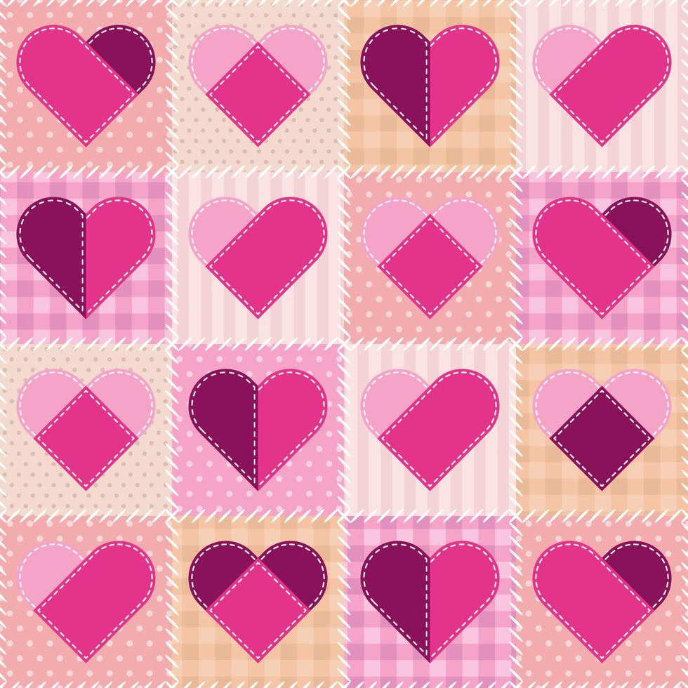 Patchwork textile pattern with sewn heart shapes. Seamless quilting design background. Pink, purple and beige colors. Template for wallpaper, textile, scrapbooking and wrapping paper. vector