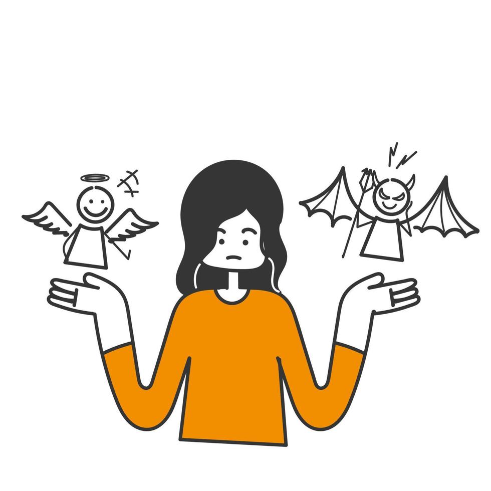 hand drawn doodle person confused to choose between good angels and bad demons illustration vector