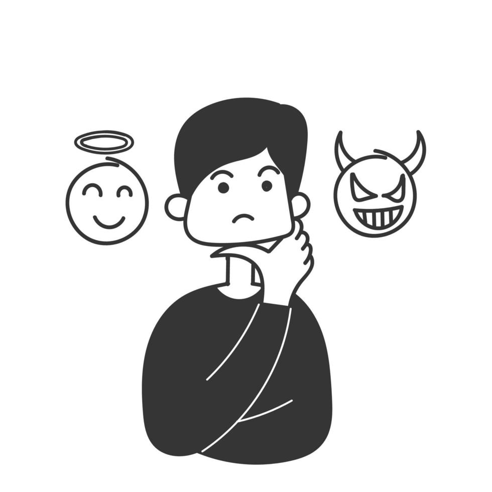 hand drawn doodle person confused to choose between good angels and bad demons illustration vector