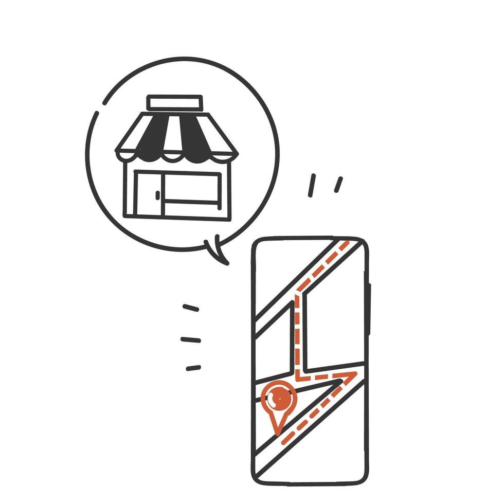 hand drawn doodle find store location from smartphone illustration vector