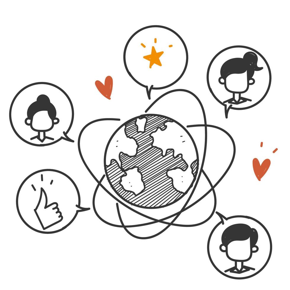 hand drawn doodle Global communication social media network illustration vector