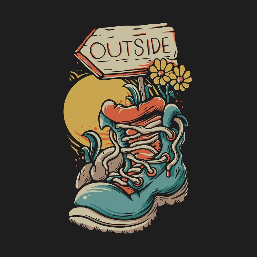 diseño de camiseta fuera del letrero de la calle con zapatos para caminar ilustración vintage vector