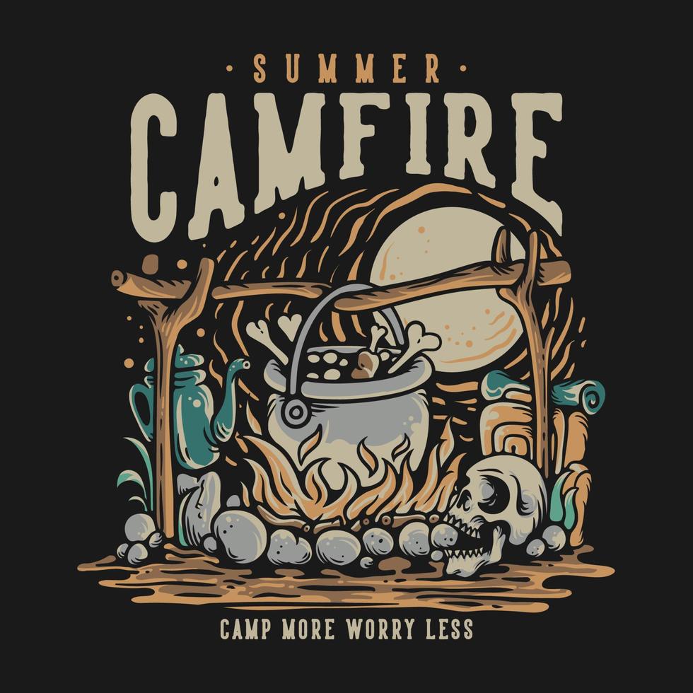 diseño de camiseta campamento de fogata de verano más preocupación menos con calavera cocinando en la fogata vector