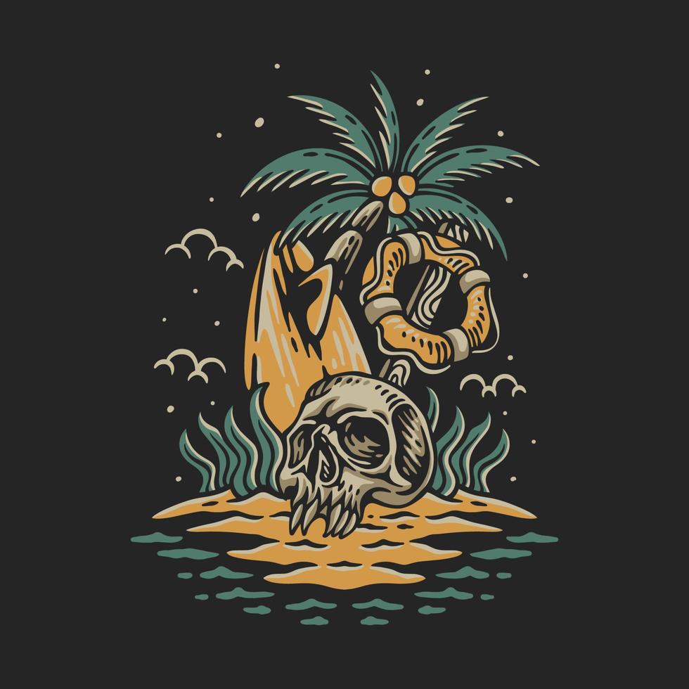 ilustración vectorial un esqueleto varado en una isla con una tabla de surf y un neumático de rescate para el diseño de camisetas vector