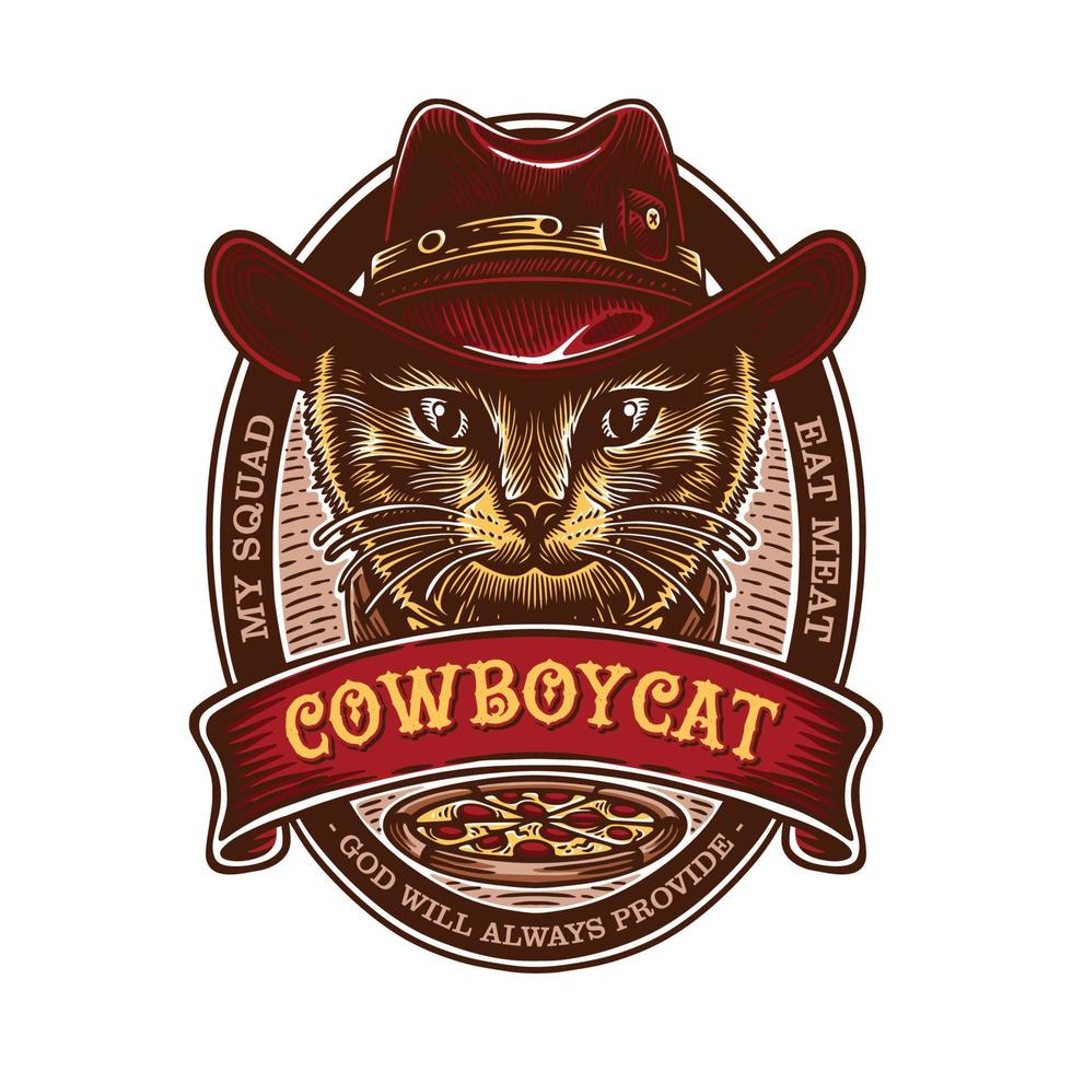 Vintage logo emblem a cat wearing a cowboy dress stares sharply and coolly against an oval background with several ornaments vector