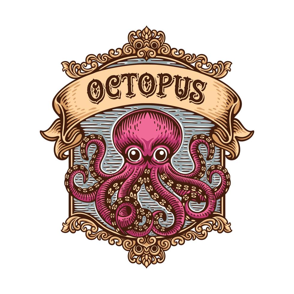 Vintage logo emblem an octopus with its long tentacles on a water background and surrounded by ornaments vector